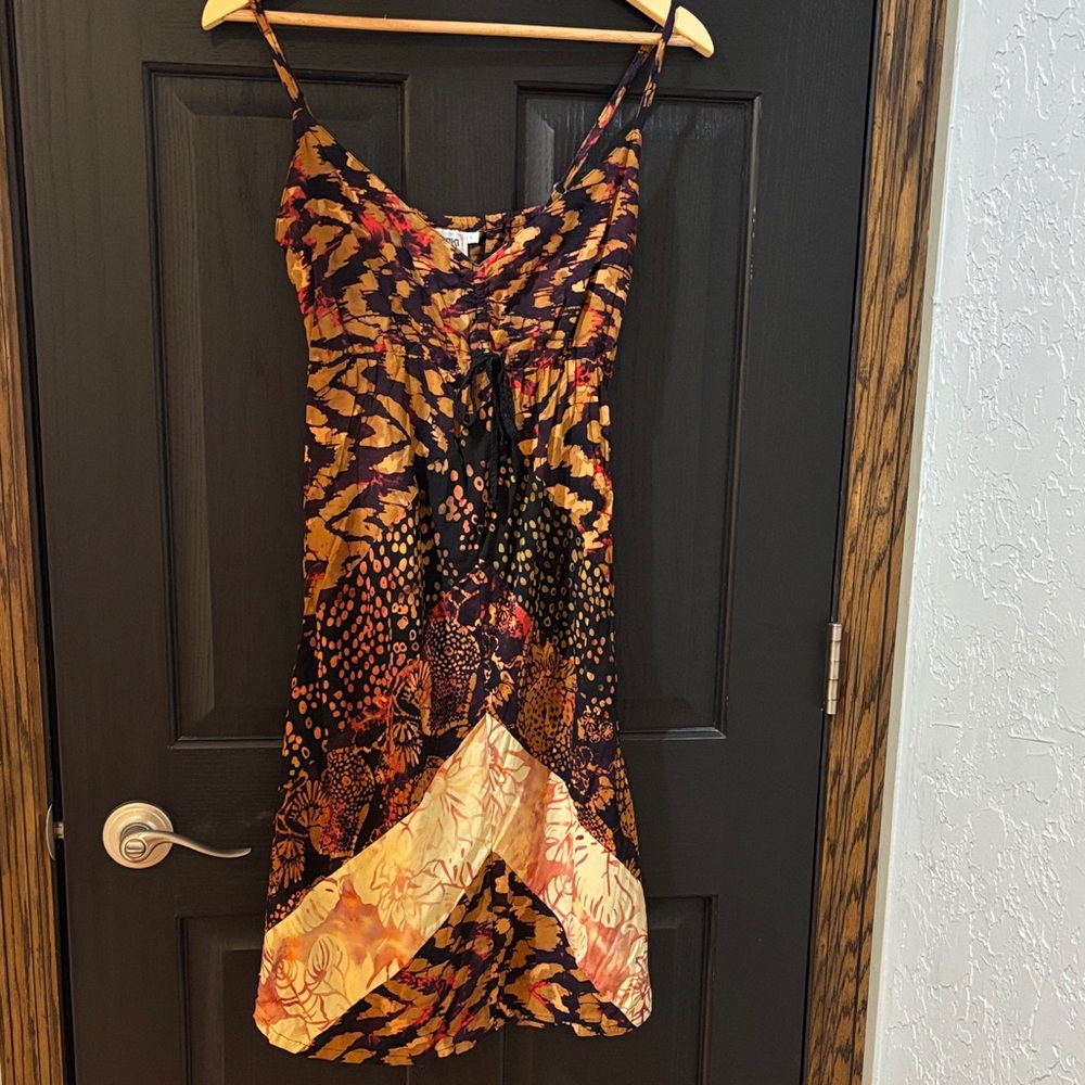 Bohemian Spaghetti-Strap Mini Dress in Gold and Black